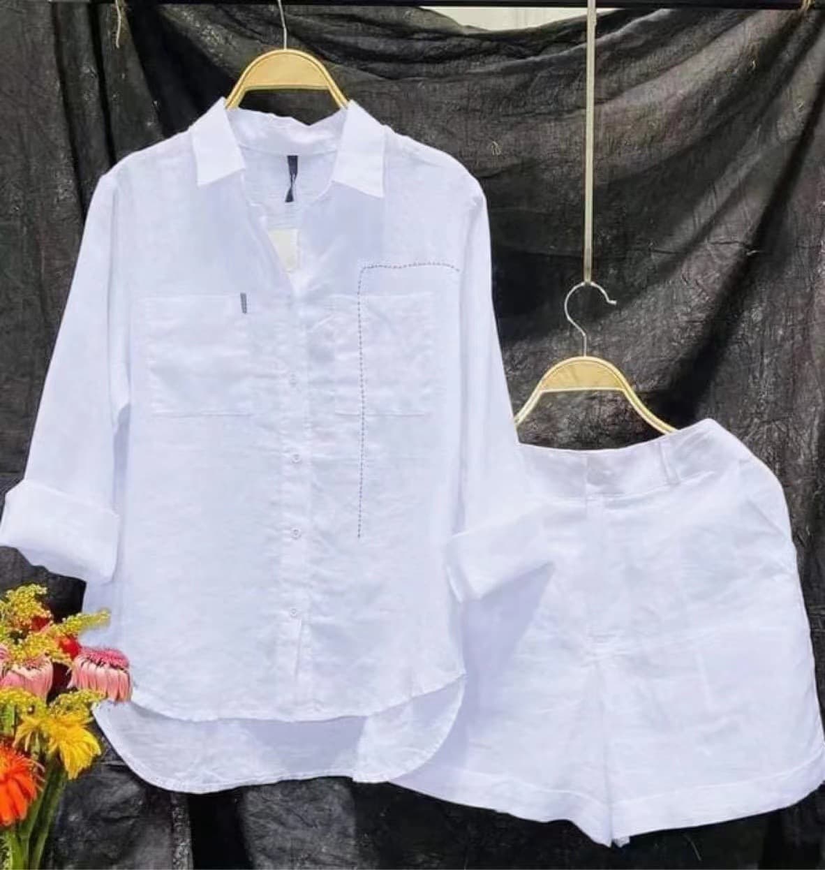Women's Large Size Cotton Linen Shirt Casual Loose Temperament Leisure Style Solid Color Spring Autumn Fashion Age-reducing Shorts Set