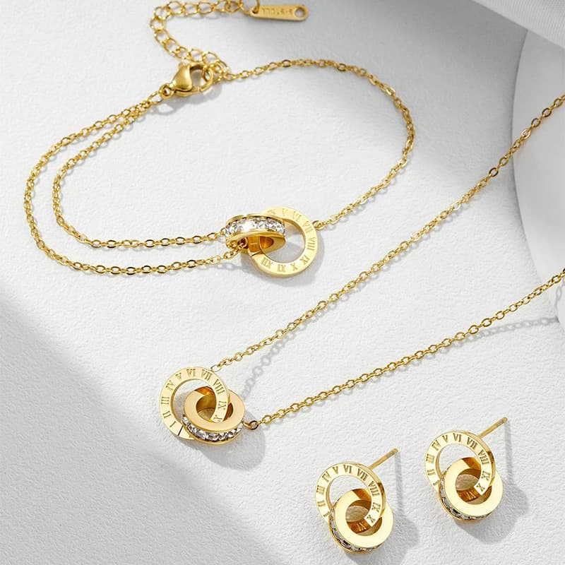 Bracelet double anneau en micro-diamants style romain, design simple, léger et luxueux, chaîne clavicule et boucles d'oreilles assorties