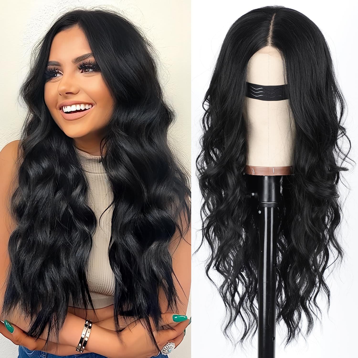 Synthetic Hair Women's Lace Front Wigs 24 Inch Long Curly Wigs For Black Women, Natural Looking Synthetic Wigs With Middle Part