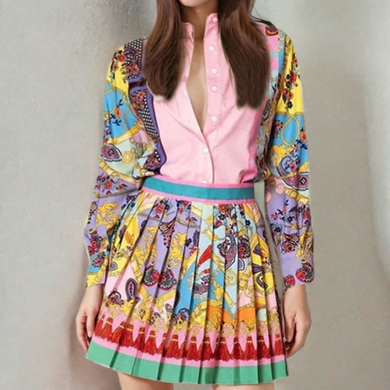 Women's Clothing New Printed Long Sleeved Shirt Top + Pleated Skirt Suit Female Two Piece Suit