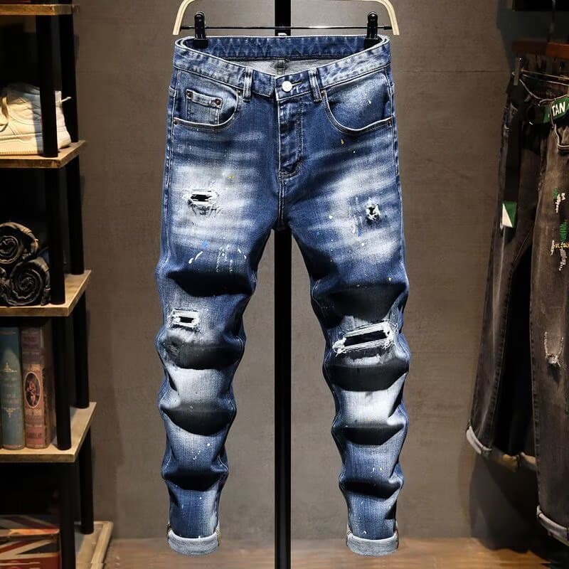 Men's Stretch Ripped Skinny Jeans Slim Fit Comfort Denim Pants With Distressed Details For Casual Wear
