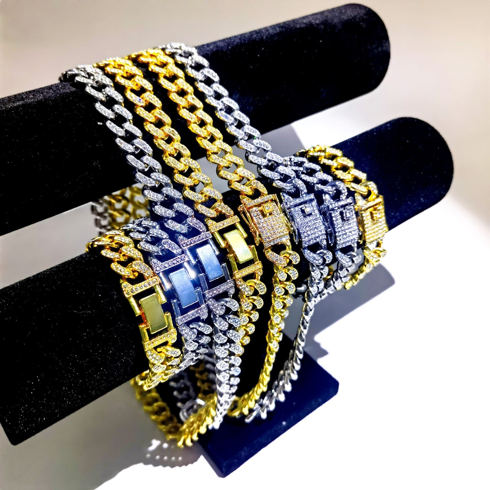 Men’s Jewelry Set Fashion New 13mm Round Flat Bottom Rhinestone Bracelet Cuban Necklace Thick Alloy Original Design Hip Hop Style