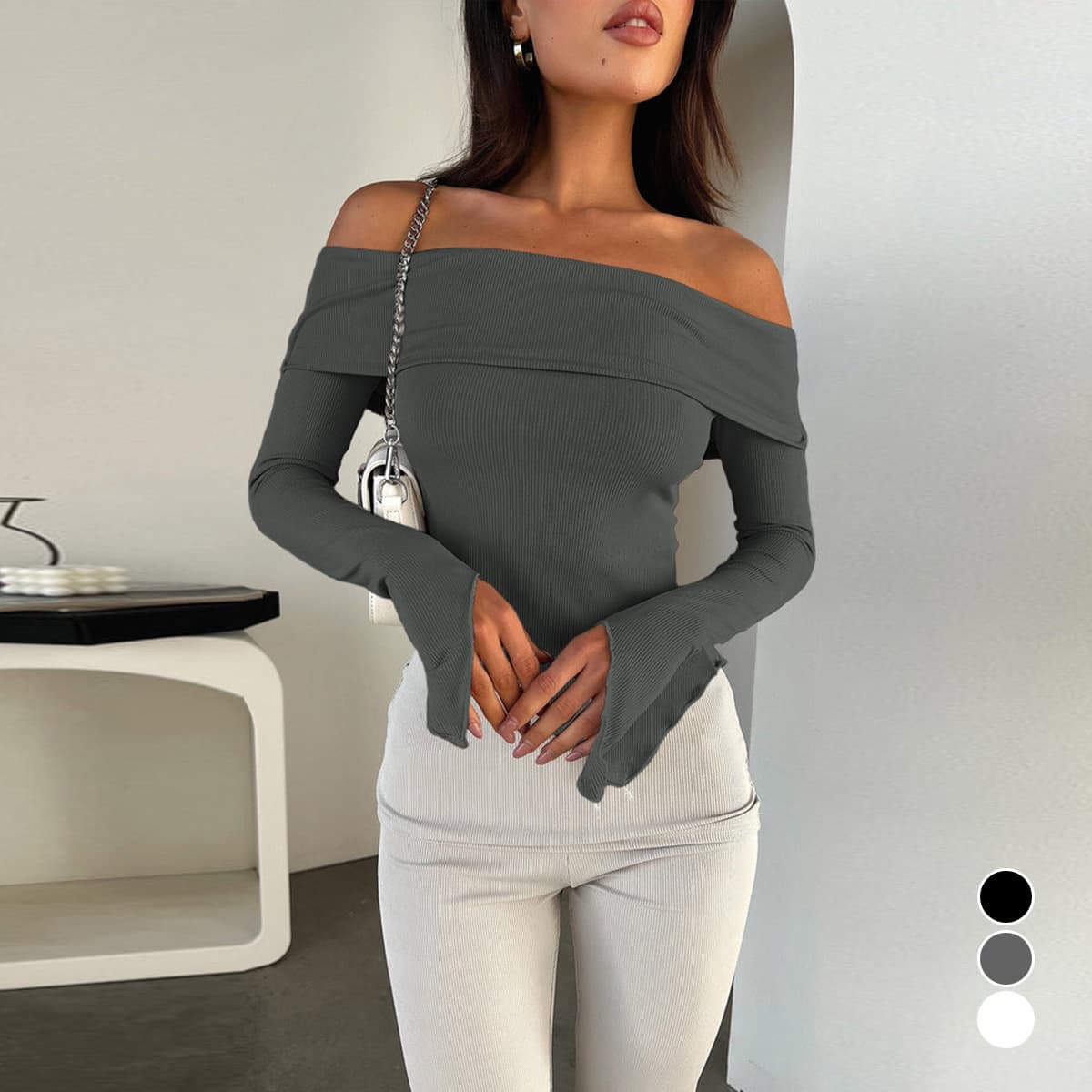 Women's Clothing Off Shoulder Long Sleeved Tops 2024 Spring Hot Selling Women's T Shirts Bottoming Tops