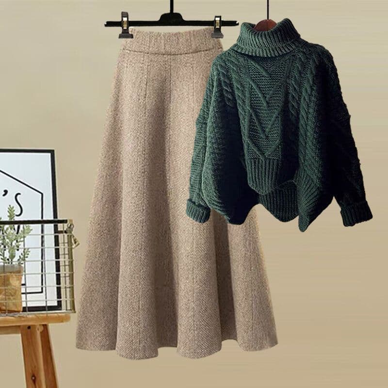Ensemble deux pièces pour femme : pull à col roulé en maille et jupe amincissante. Collection automne-hiver.