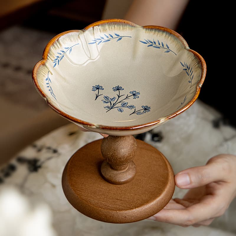 Handcrafted Wooden Pedestal Fruit Bowl – Elegant Ceramic Snack Tray With Carved Detailing, Multi-Level Serving Dish For Fruits & Pastries