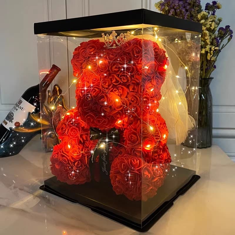 Eternal Rose Bear Gift Box With LED Lights, Crown & Tulle - Romantic Keepsake For Mother, Wife, Girlfriend, Valentine's Day, Wedding, Christmas​