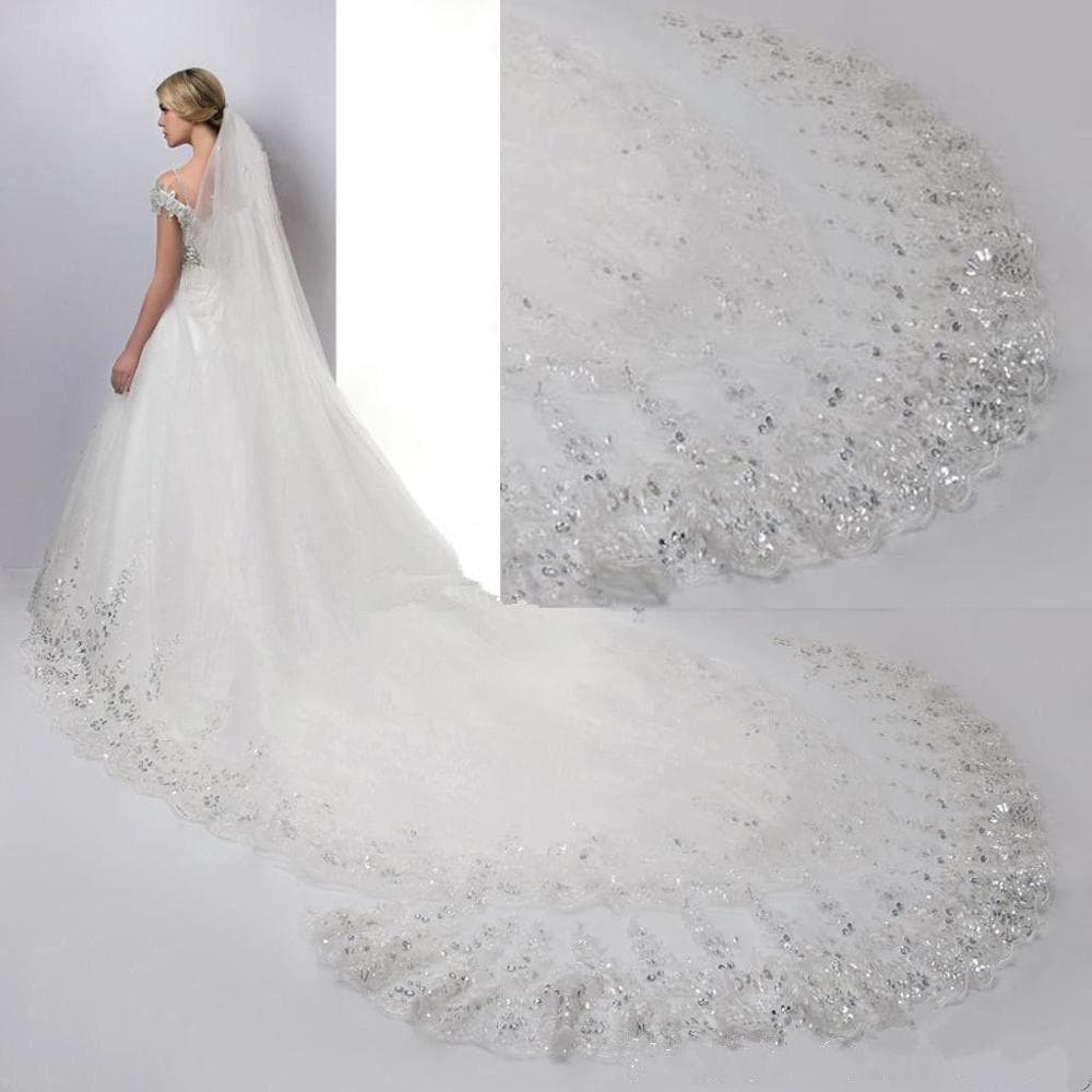 Women's Clothing Sequined Lace Bridal Veil 4m Long 3m Wide Length Trailing Golden Glitter Wedding Veil