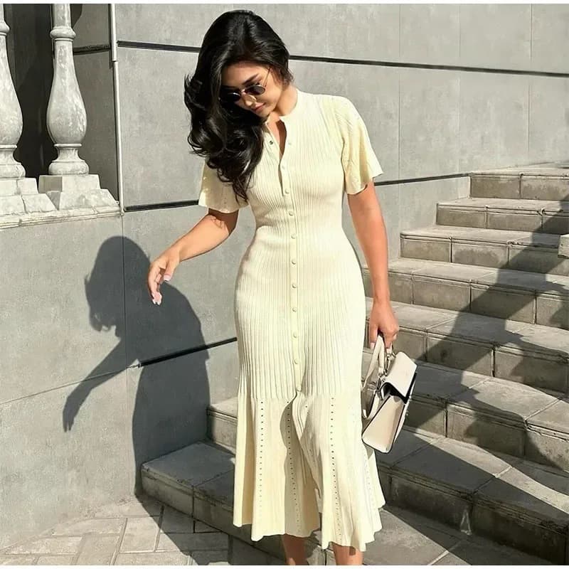 Elegant Button-Down Knit Dress With Flared Sleeves - Breathable Polyester, Mid-Length A-Line Dress For Women (Available In Beige & Black, Sizes S/M/L)