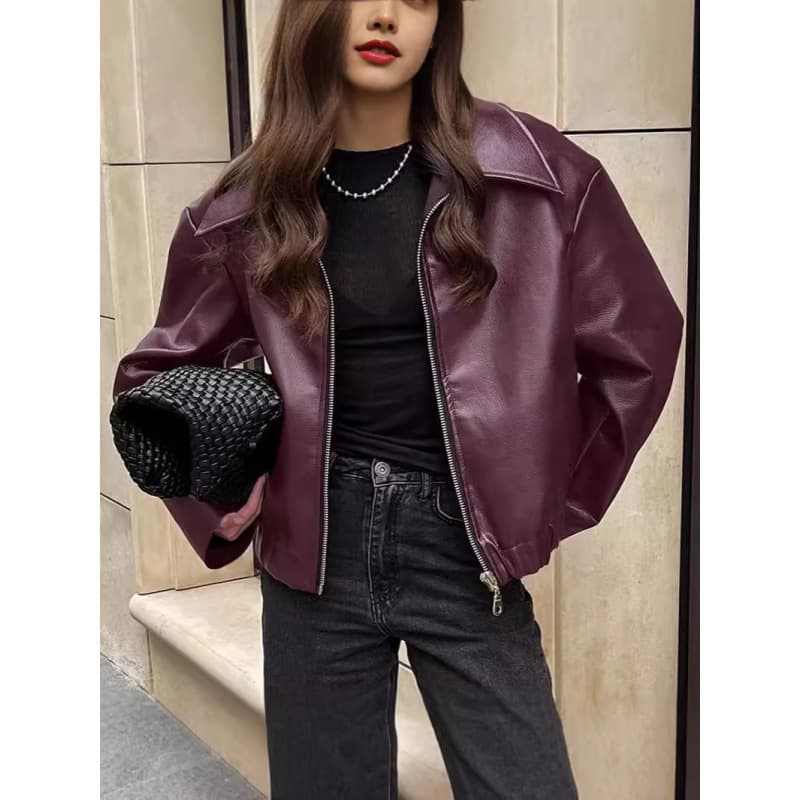 Oversized Biker-Style Leather Jacket For Women - Long Sleeve Loose Fit Coat (Burgundy/Brown/Black/Olive Green)