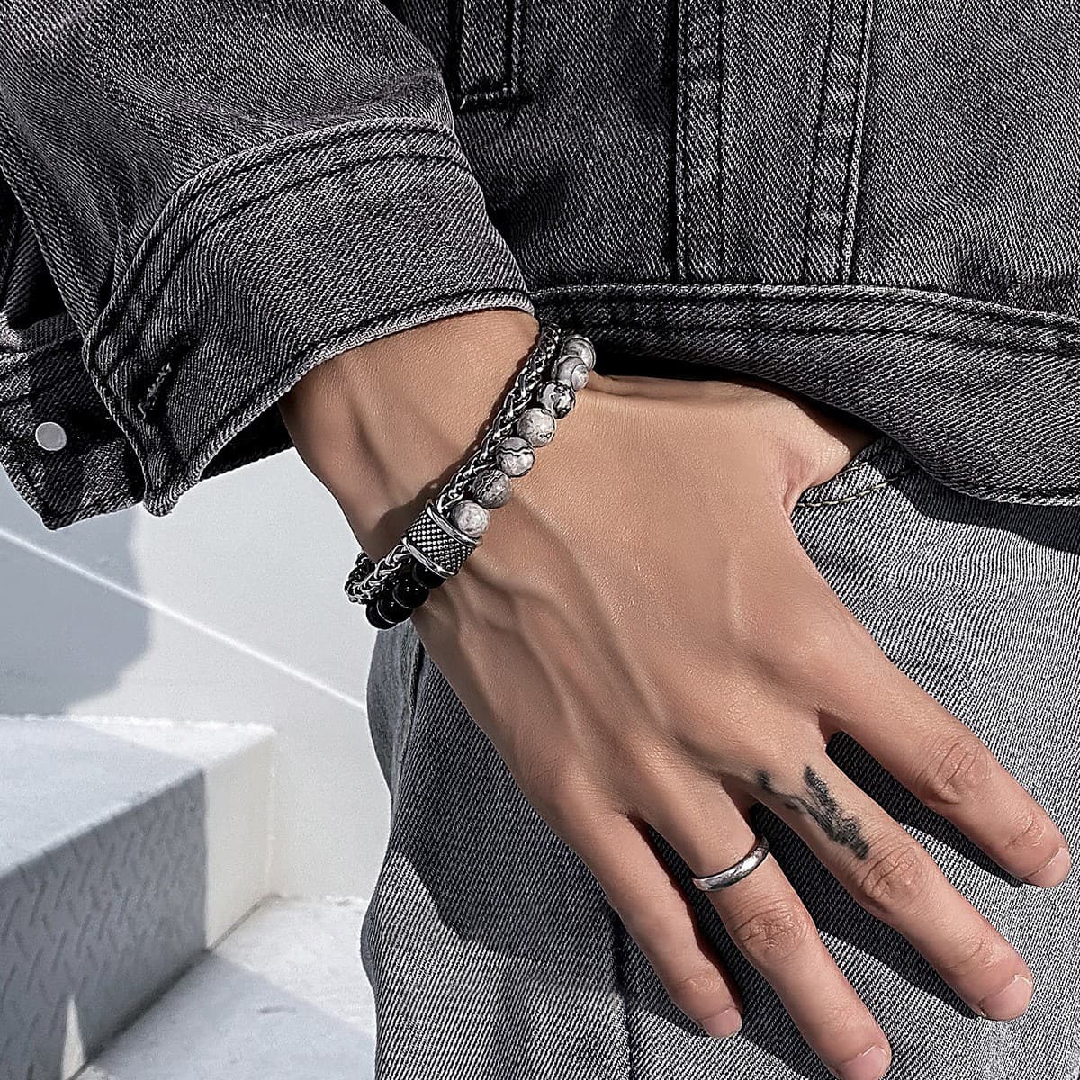 New Matte Map Stone For Men Double Layer Beaded OT Buckle Lucky Bead Titanium Steel Versatile Bracelet Jewelry Trend