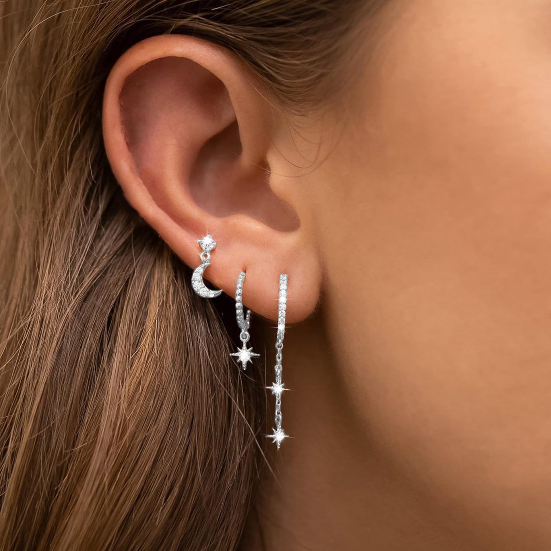 Jewelry & Accessories Brass Real Gold Electroplated Six Pointed Star Moon Three Piece Earring Set Ear Clip Earrings