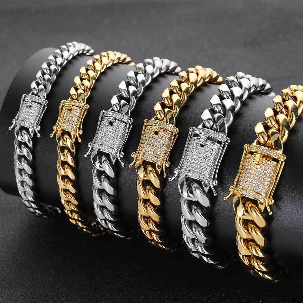 Unisex Trendy Stainless Steel Cuban Chain Hip Hop Bracelet Double Sided Diamond Buckle Round Grinding Encryption Titanium Steel Men's Bracelet