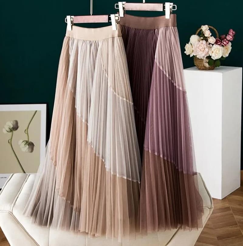 Women's Clothing Women's velvet pleated skirt, mesh skirt, high waist, slim elastic waist, mid-length skirt, large hem skirt, skirt for women, trendy