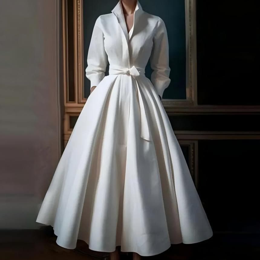 Women's Clothing French light wedding dress bride retro simple forest style stand collar long style temperament v neck going out evening dress female