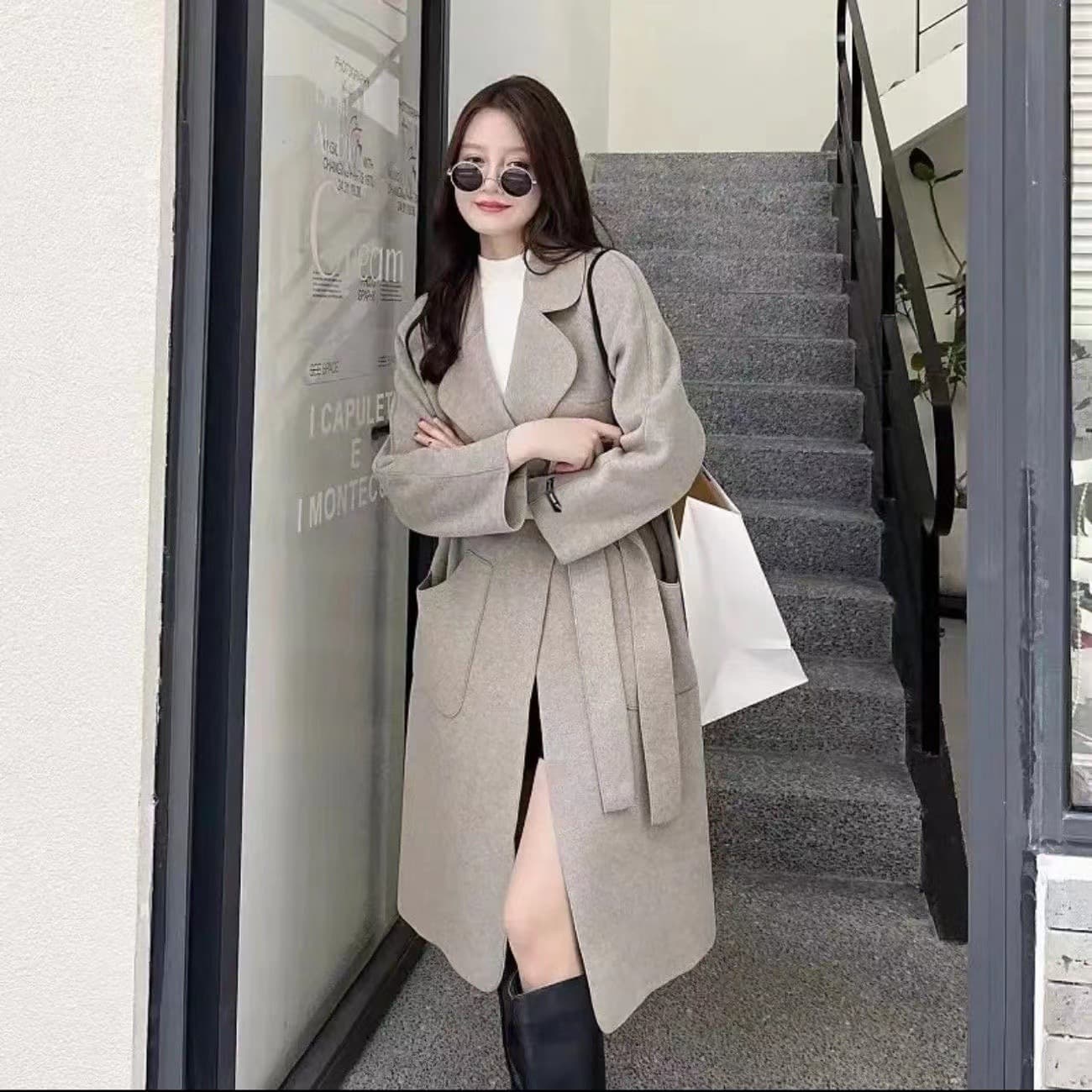 Women's Clothing Women's Double-Faced Wool Blend Trench Coat With Belt – Oversized Mid-Length Casual Winter Coat In Khaki, Beige & Mint Green​