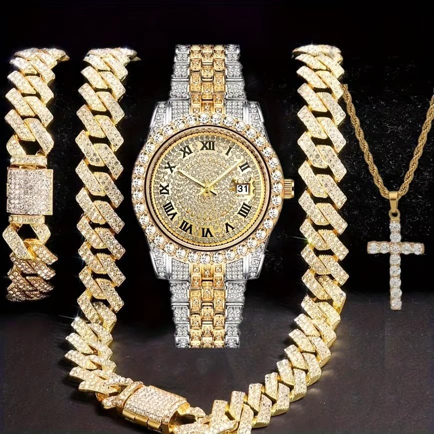 Hip Hop Men's Watch Set Quartz Calendar Alloy Bracelet & 2 Necklaces Diamond Watch