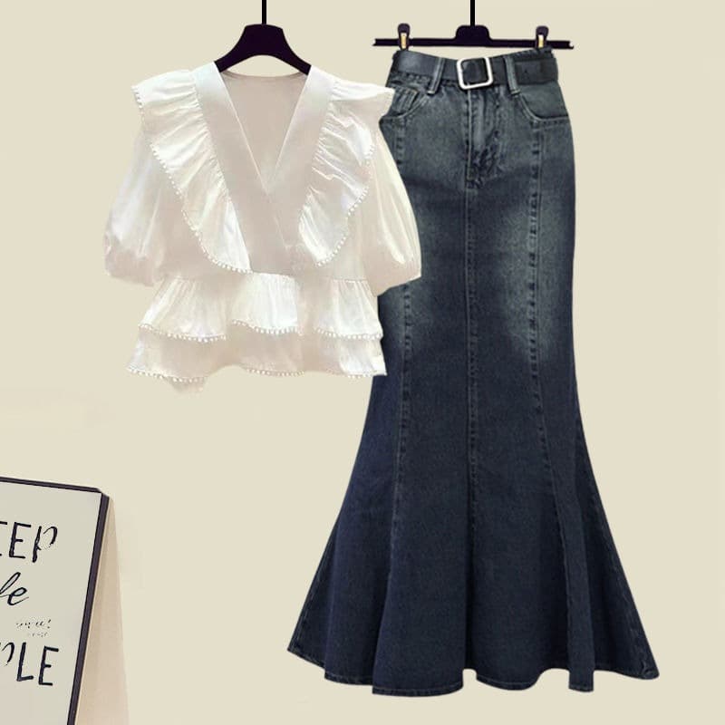 Women’s Clothing Pure desire style summer suit for women new style high end temperament ruffled shirt denim fishtail skirt two piece suit
