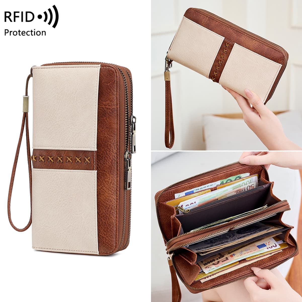 Vintage-Inspired RFID-Blocking Bifold Wallet – Stylish Two-Zipper Design With Contrast Stitching – Spacious PU Leather Wallet For Men & Women
