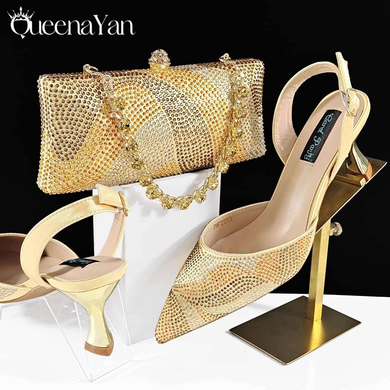 Pochette longue à strass, ensemble de chaussures à bout pointu rayées et asymétriques pour femme, simple, élégante et raffinée
