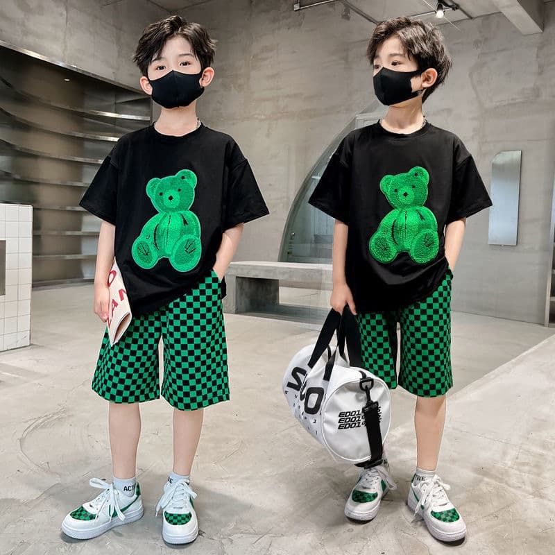 Mother&Kids Boys summer checkered shorts set Big Boy Plankton handsome boys short sleeve T-shirt five-quarter pants two-piece set