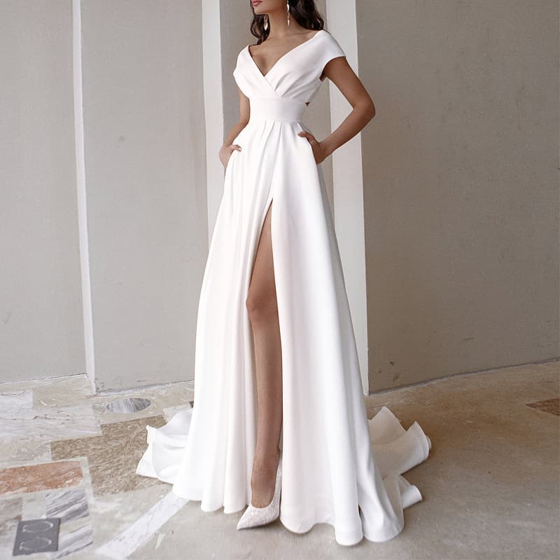 Women's official picture V-neck ruffled white mid-waist solid color temperament commuter long skirt dress