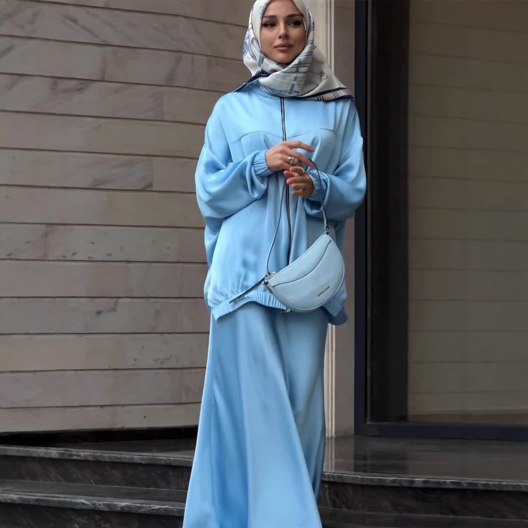 Women's Clothing Summer New Satin Long Sleeved Dress Fashionable Waist Drape Long Skirt Suit Female