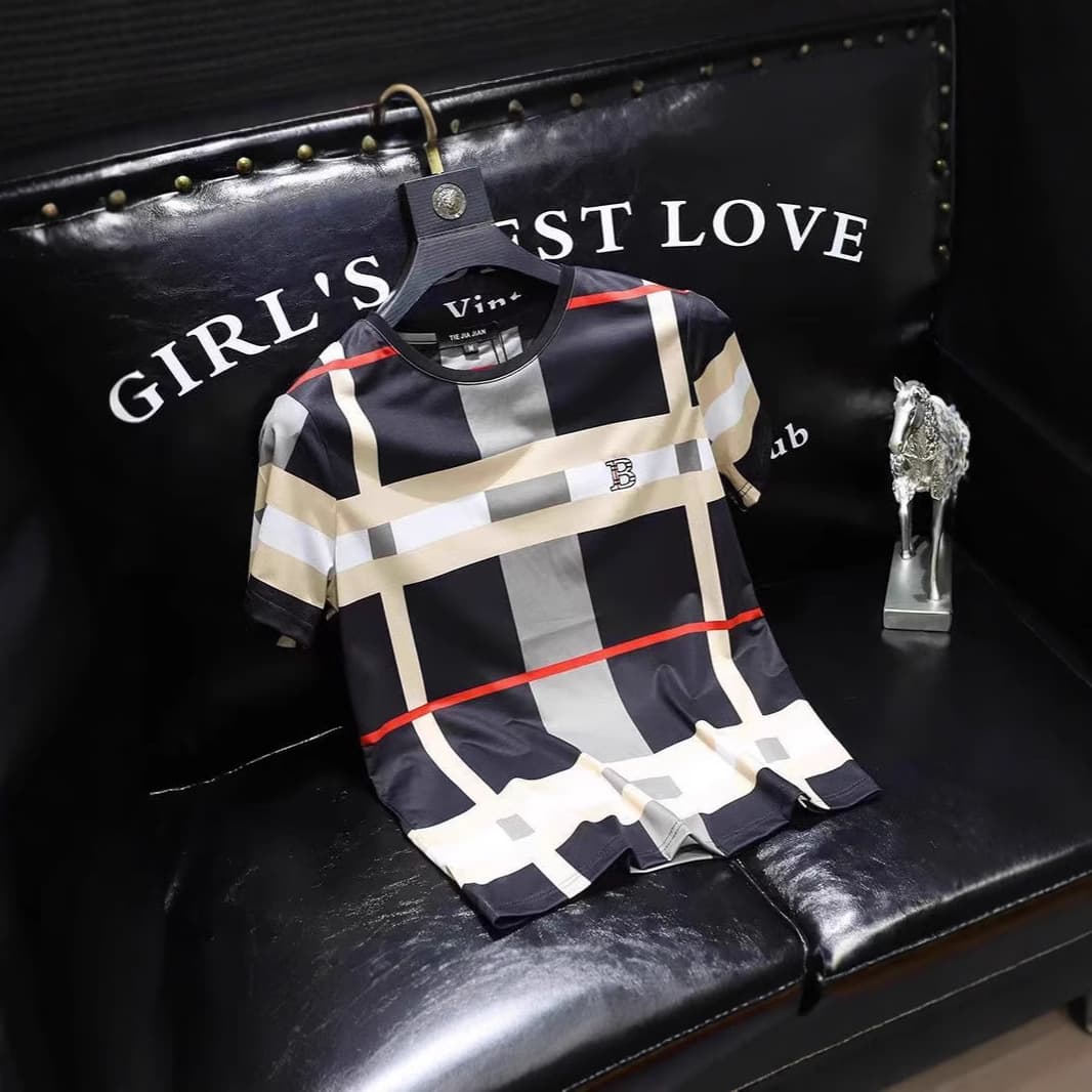 Men's Clothing Men's Style Cool Short Sleeve T-Shirt Plaid Print B Letter Trendy Plus Size Summer Style For Formal & Casual