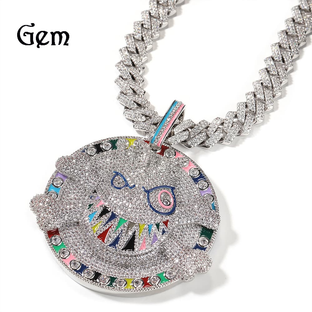 Exaggerated Boys Hip Hop Micro Set Zircon Metal Style Texture Colorful Disc Fashion Brand Necklace Jewelry