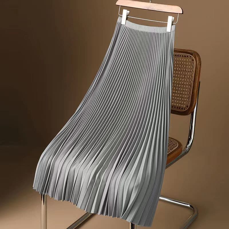 Satin High-grade Solid Color Pleated Skirt 2023 Summer Thin Mid-length Over-the-knee High-waist A-line Skirt