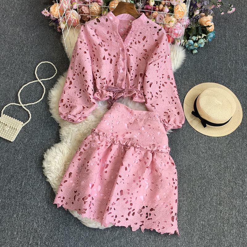 Women's Solid Color Lace Long Sleeve + Skirt Suit