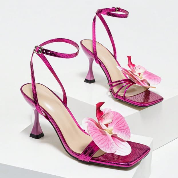 Women's Square Head Three-dimensional Flower Cross Ankle Strap Stiletto Sandals Gorgeous Fashion Pink High Heels