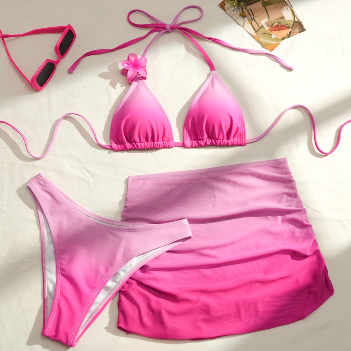 Women's Clothing Three Piece Bikini Set Swimwear With Cross Hair Ribbon Gradient Color Apron Sexy Vacation Look
