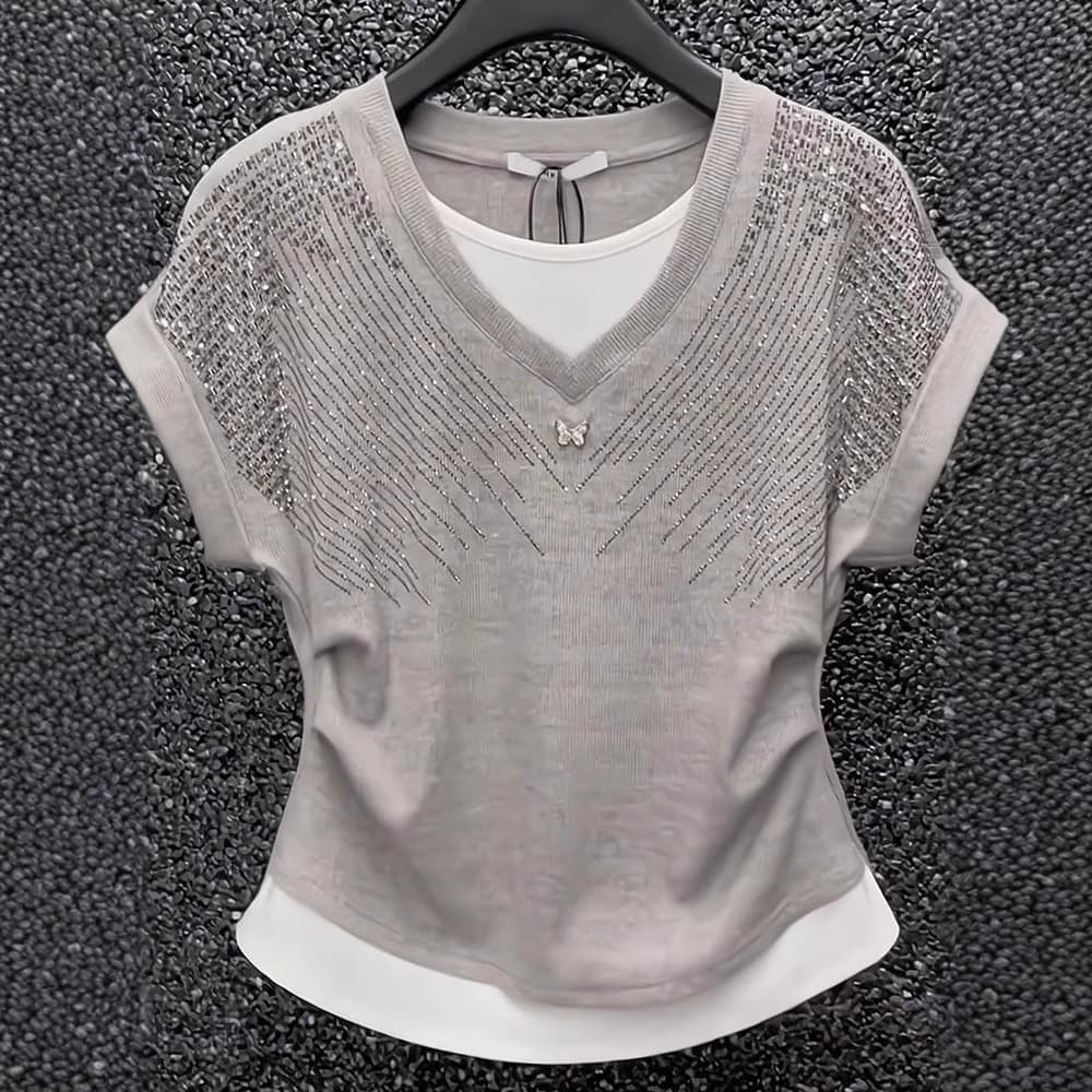 Women's Clothing Short Sleeved Ladies T Shirt Fashionable Age Reducing Slim Light Luxury Heavy Hot Diamond V Neck Top