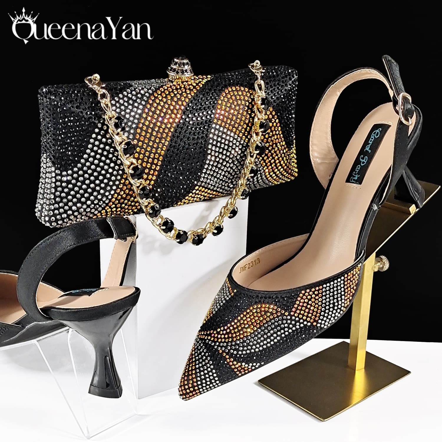 Pochette longue à strass, ensemble de chaussures à bout pointu rayées et asymétriques pour femme, simple, élégante et raffinée