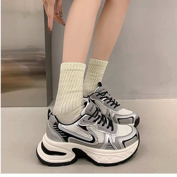 Women's Shoes Silver Thick Soled Daddy Girl Summer Breathable Height Enhancing All Match Casual Sports Shoes