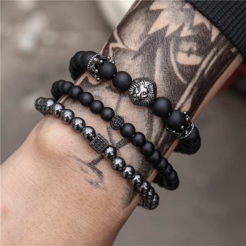 Jewelry Fashion Retro Black Frosted Bracelet Zircon Crown Diamond Ball Dice Lion Head Bead Bracelet Set