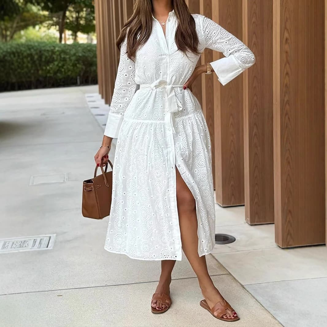 Women's Clothing Elegant Hollow Tie Belt Lapel Cardigan Office Evening Party Dress