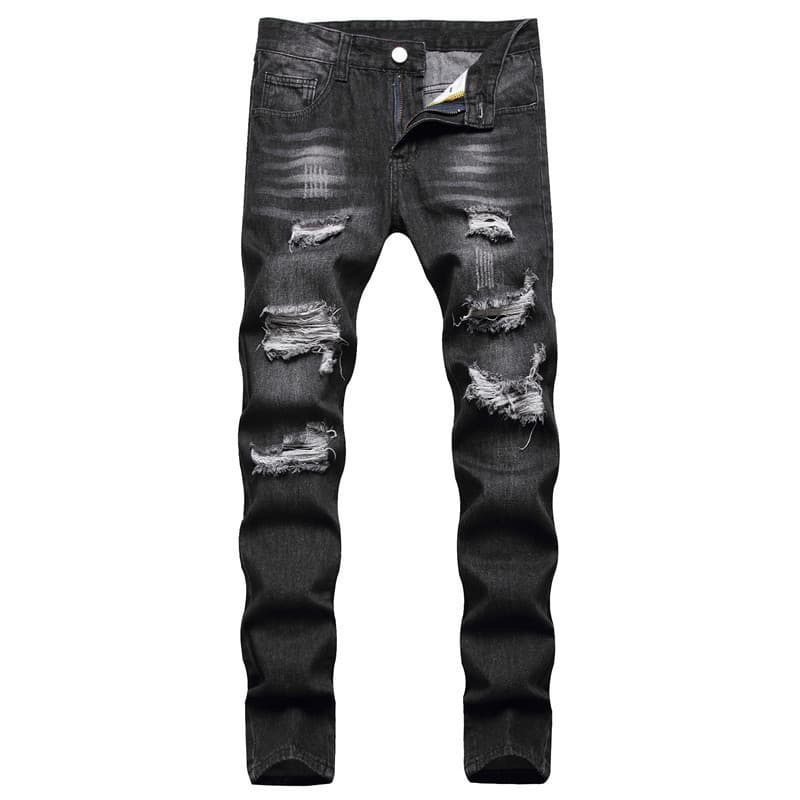 Manufacturer's Ready Stock Summer Black European And American Casual Youth Trousers Non Elastic Mid Waist Multi Hole Straight Jeans
