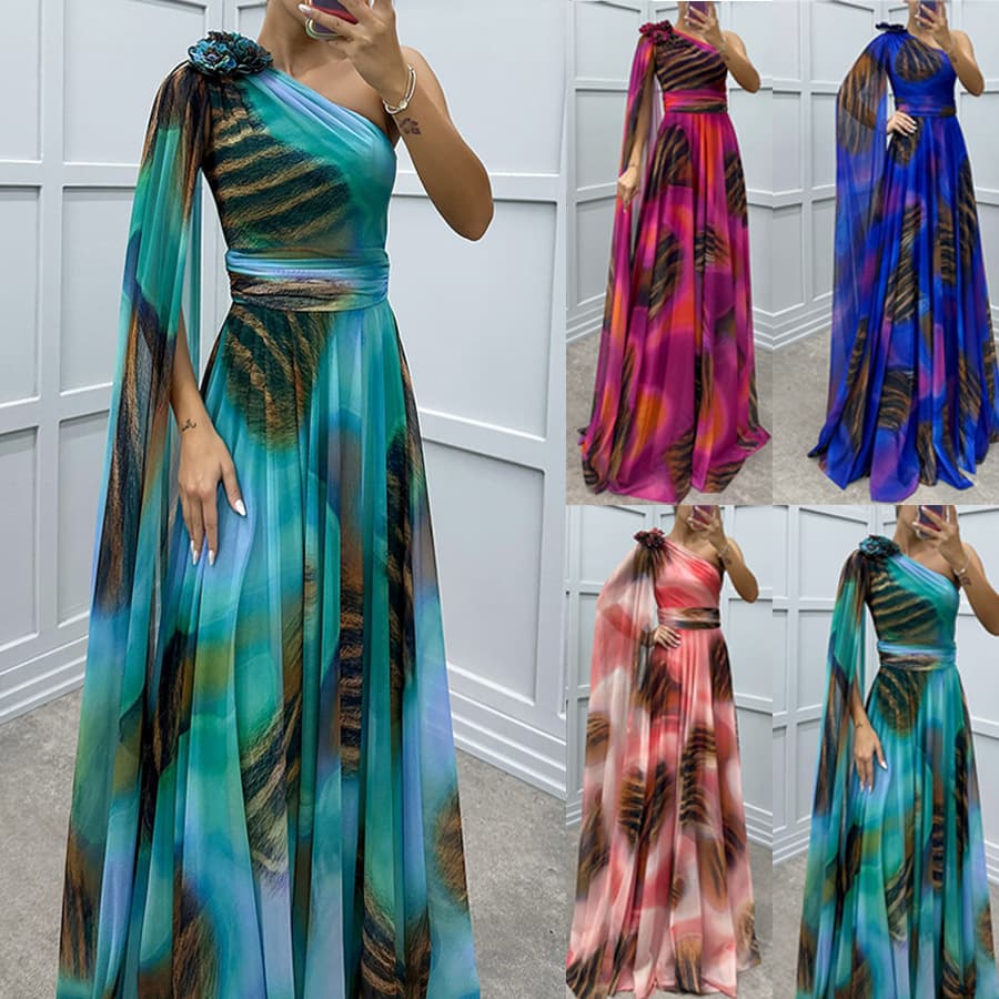 Women's Clothing chiffon printed off shoulder dress casual loose party dress
