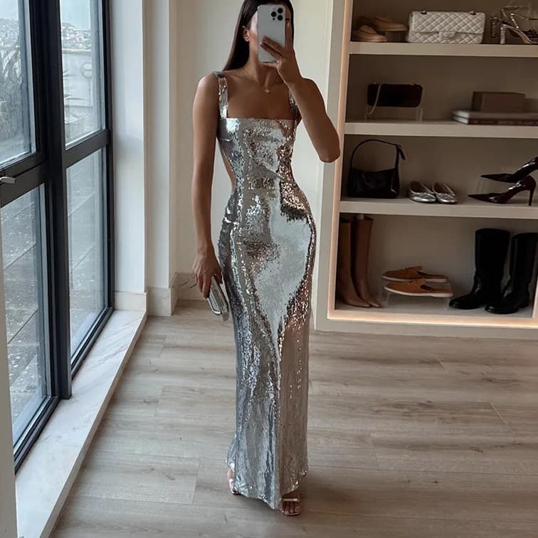 Women's hot-selling suspender backless sequined long dress