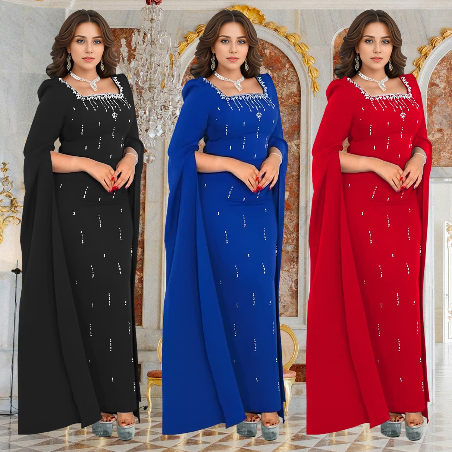 Fashion Women's Clothing Back Slit Cape Sleeve Hot Diamond Elegant Dress