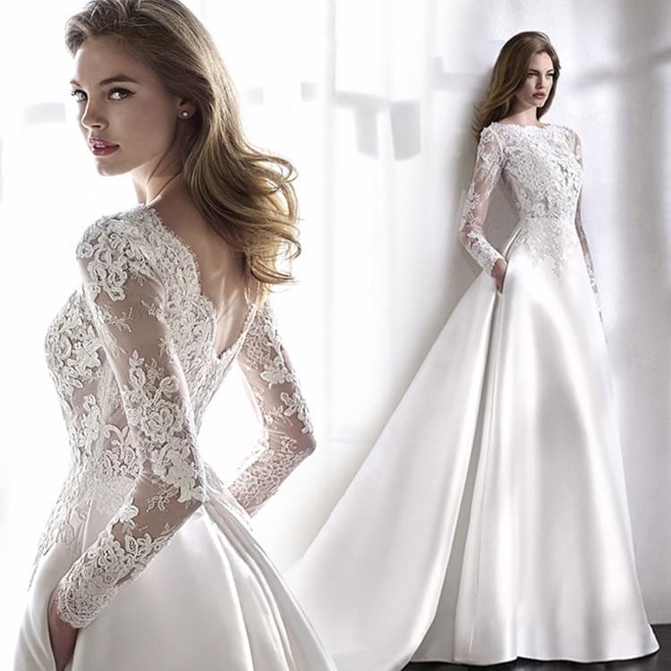 Women's Wedding dress lace long-sleeved satin gauze slimming wedding dress