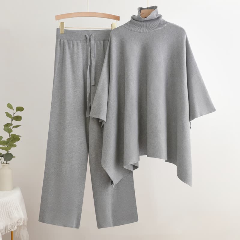 Women's Clothing autumn and winter new two piece suit high collar cape solid color knitted sweater elastic waist wide leg pants temperament suit