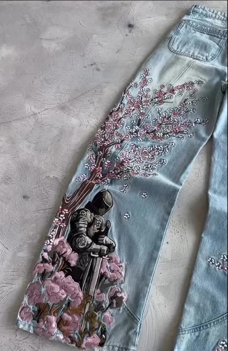 Men's Jeans Y2K American Cherry Blossom Knight Pattern Embroidered Street Retro And Women's Gothic Casual Wide Leg