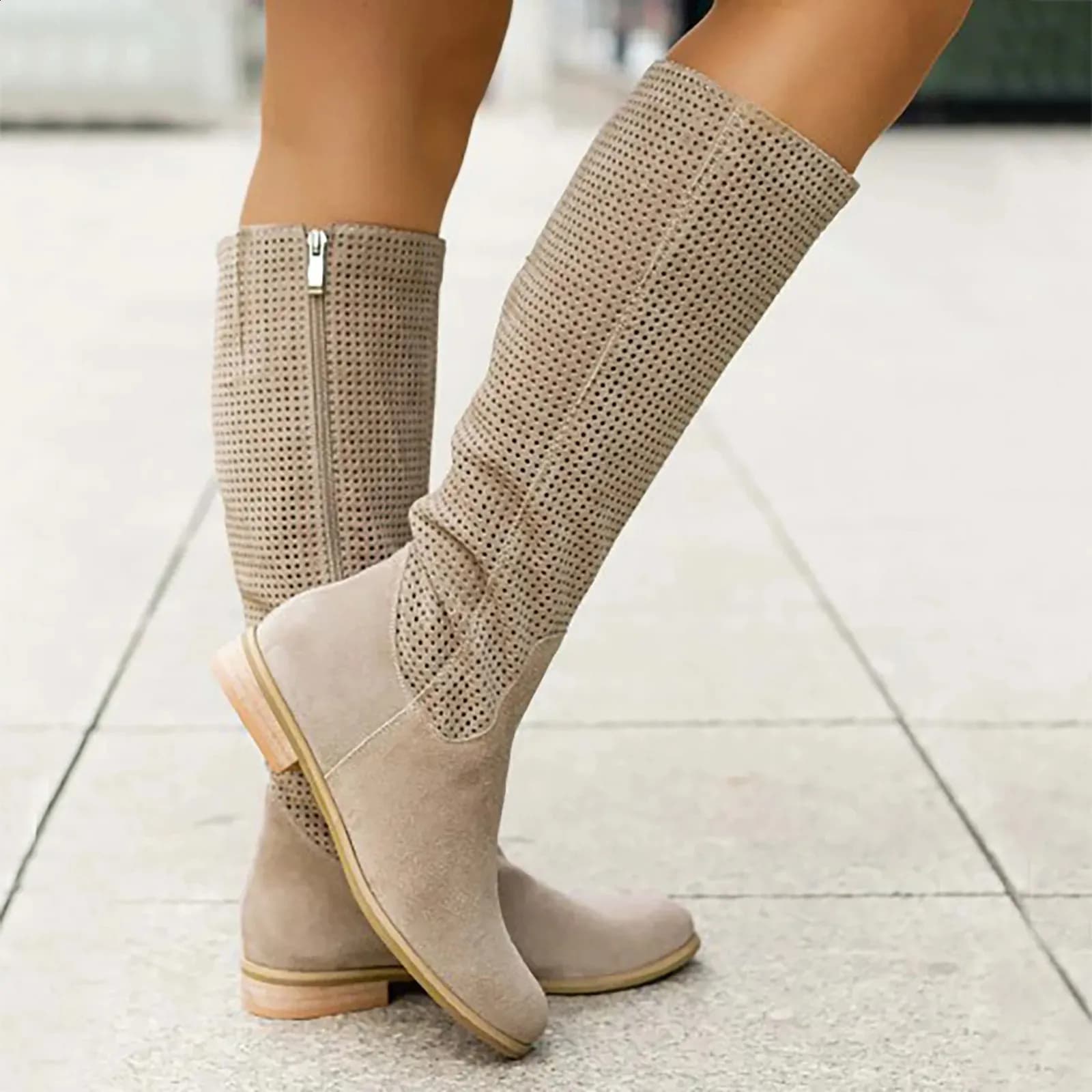 Autumn Winter Artificial Suede Casual Low Heels University Style Shoes Zipper 40-43 Womens Knee High Boots 241116
