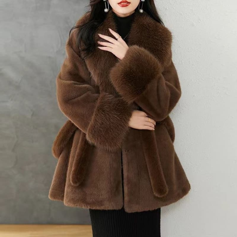 ​​Luxury Mink Fur Coat For Women - Fox Fur Collar, Slim Fit, Elegant Winter Outerwear With Belt, Black/Brown/White​​