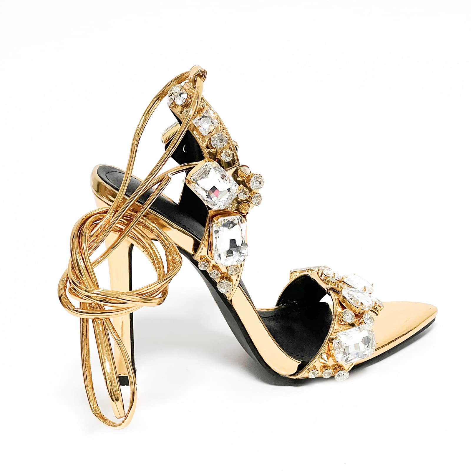 Women's Shoes 11cm New Pointed Gold Foreign Trade Rivet Rhinestone Stiletto Heels Summer Sandals Fashion Large Size Shoes