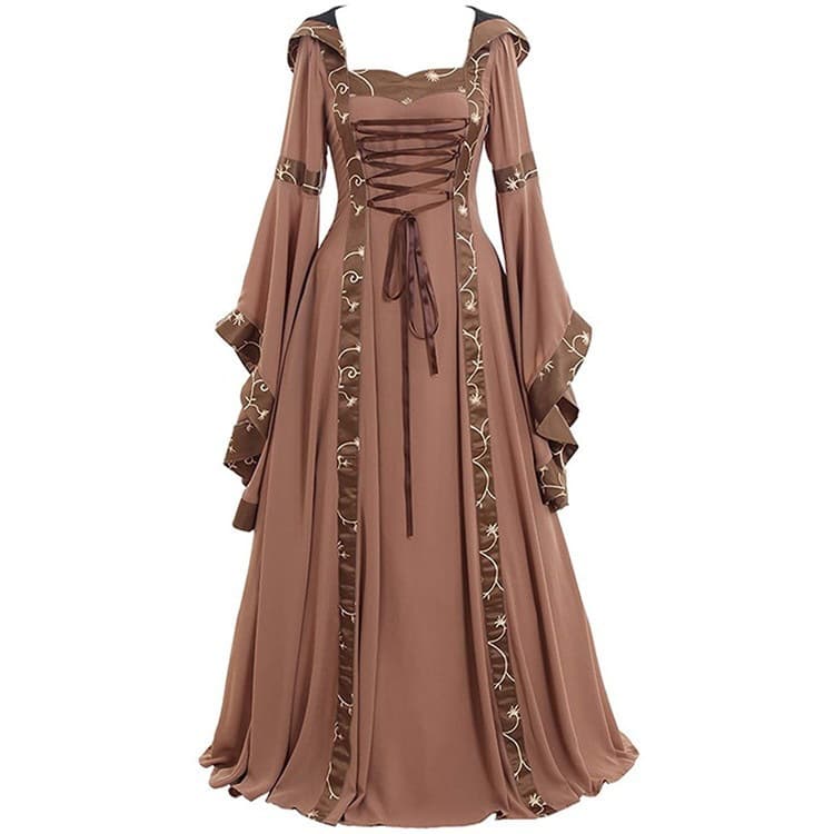 Women's Clothing Medieval Retro Hooded Square Collar Solid Color Thin Lace Trumpet Sleeves Big Swing Dress