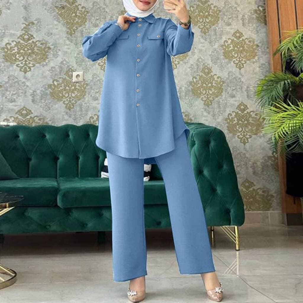 Women's Middle Eastern Muslim solid color long-sleeved wooden button bag flap shirt and trousers two-piece set in stock