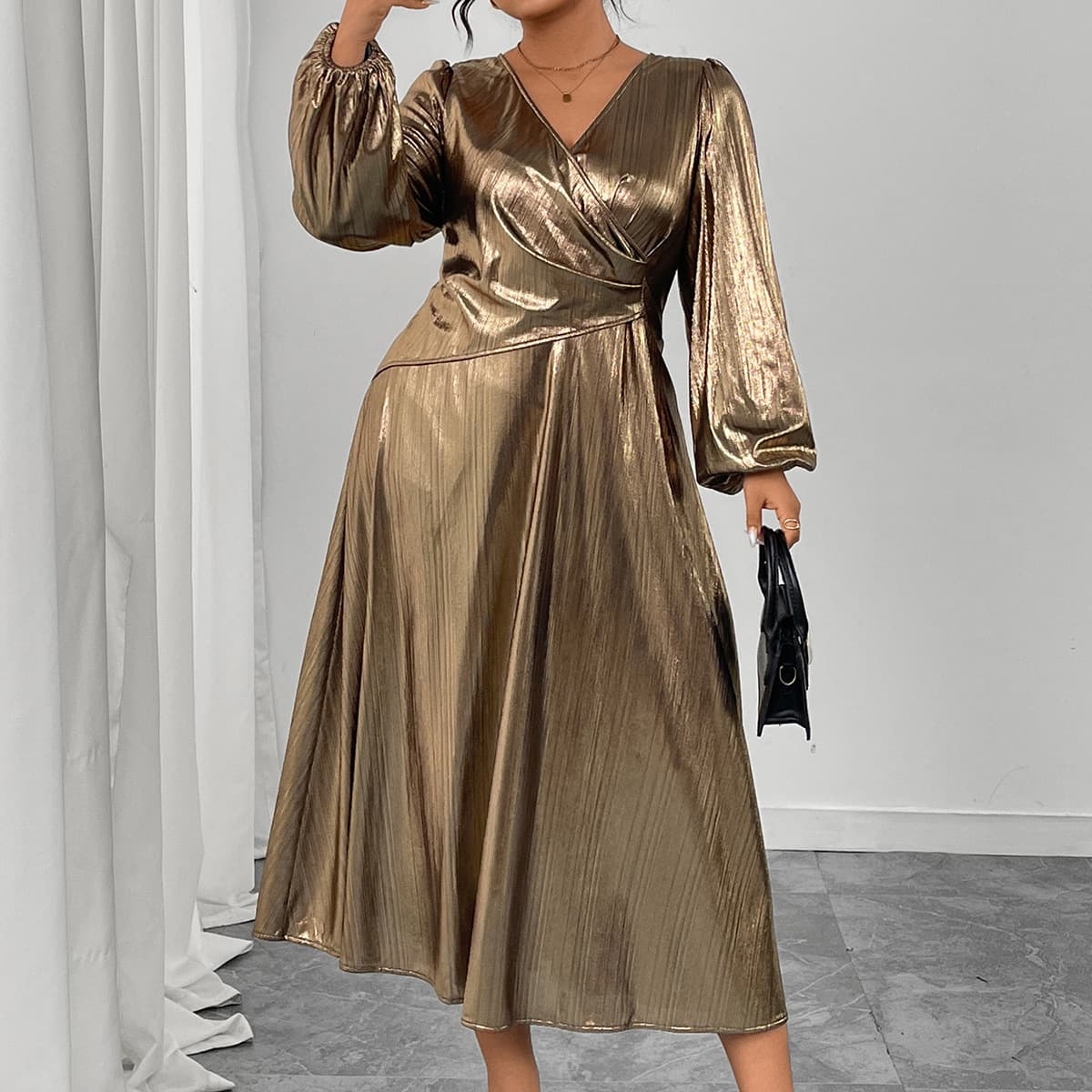 ​​Women's Elegant Lantern Sleeve Dress – High Waist Bodycon Midi Dress For Party & Evening Wear​​